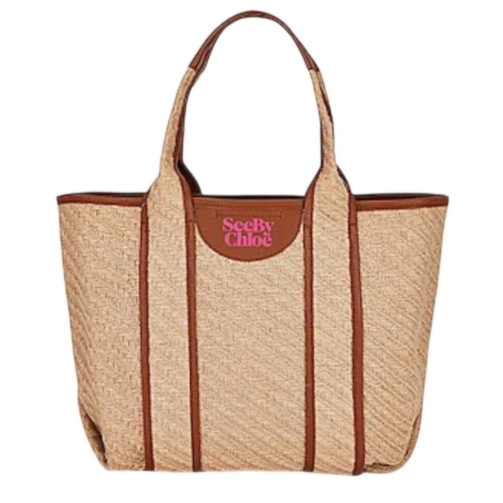 See By Chloé Natural Straw Tote with Brown Trim and Pink Logo